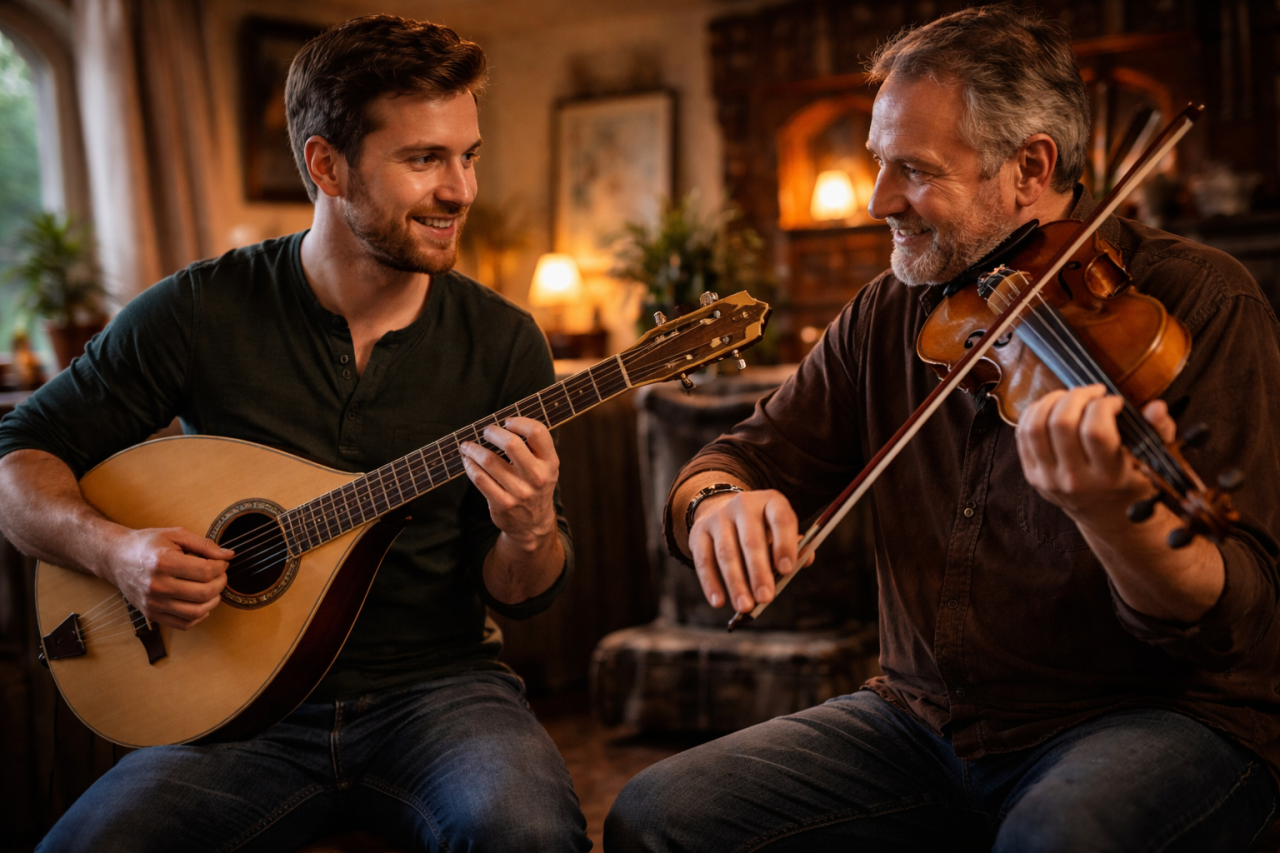 Irish bouzouki player and fiddle player performing together in a warm home setting, playing traditional Irish music as a duo